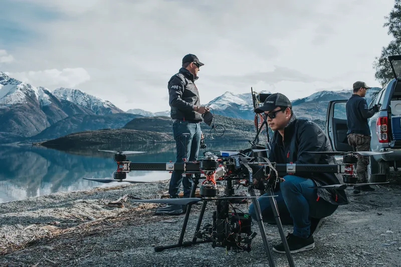 Aidan Kelly operating a heavy-lift drone at an alpine lake in New Zealand