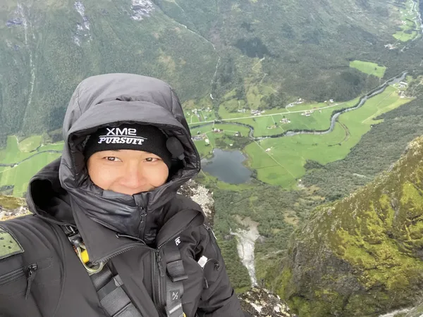 Aidan Kelly high above a valley in Norway